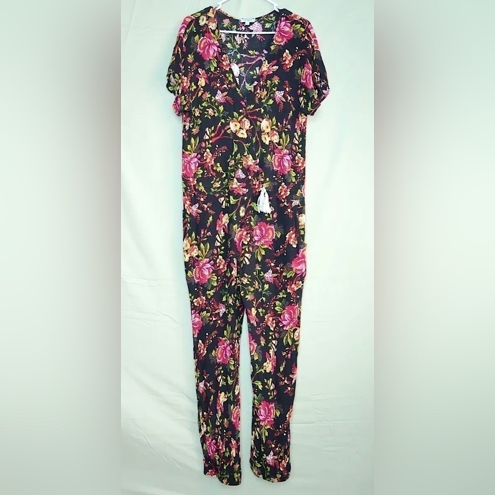 Umgee Crepe Jumpsuit Floral Drawstring Waist Black Cottagecore Boho Women’s M